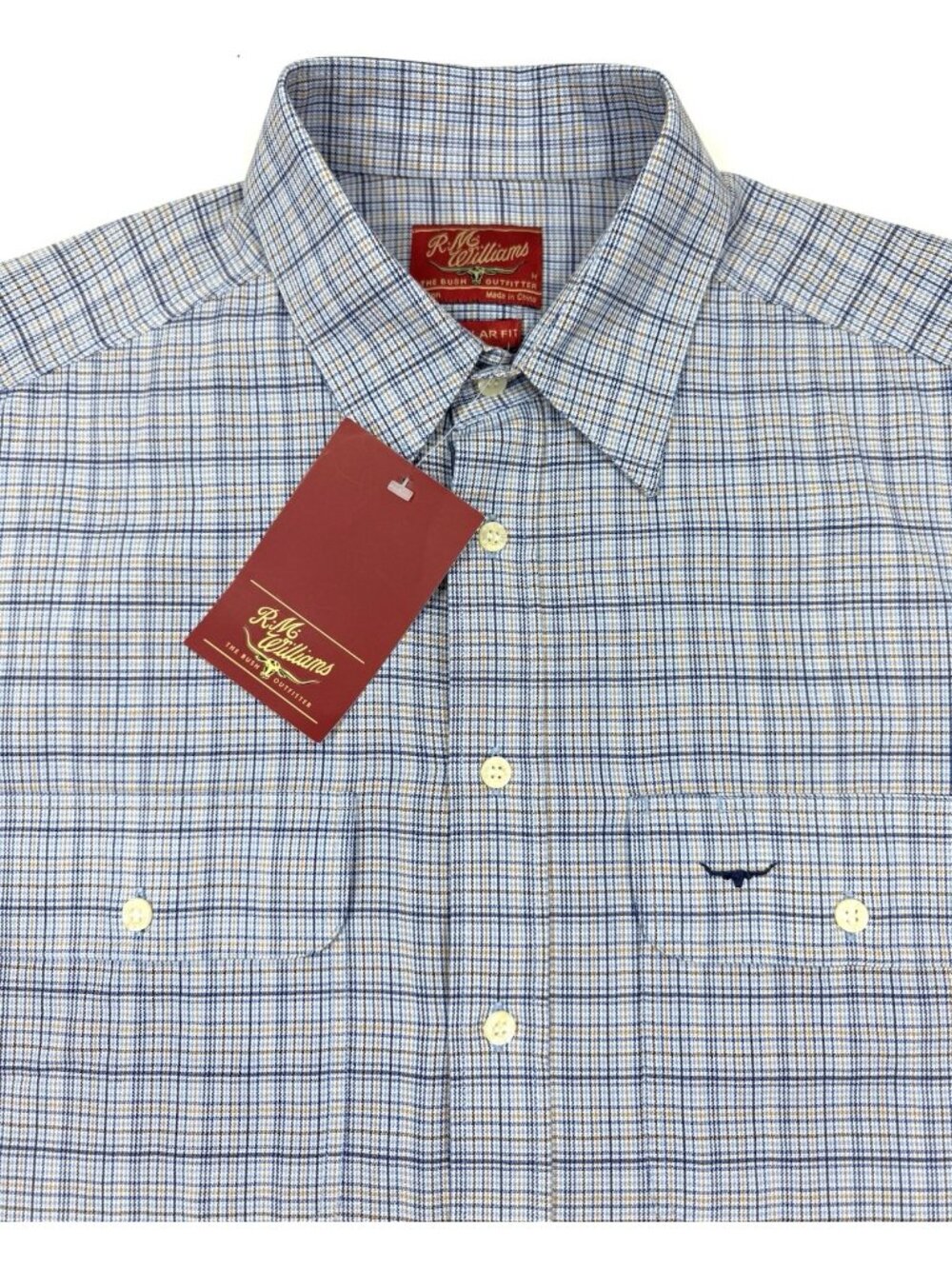 RM Williams Mens Long Sleeve Shirt Size Medium Reg Fit Blue Check Cotton Western